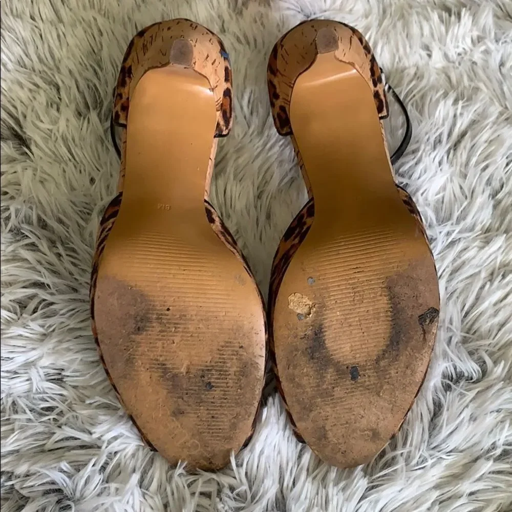 GUESS Hayle 2 Multicolor Leopard Print Fabric Peep Toe Cork Sandal High Heels 8
